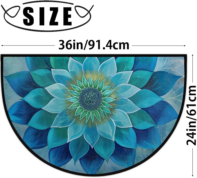 Mandala Half Round Doormat Non-Slip Semi Circle Rug Half Moon Mat | Teal Ethnic Flower Washable Soft Absorbent Indoor Outdoor Entrance Kitchen Bathroom Sink Patio Welcome Fireplace Floor Rug