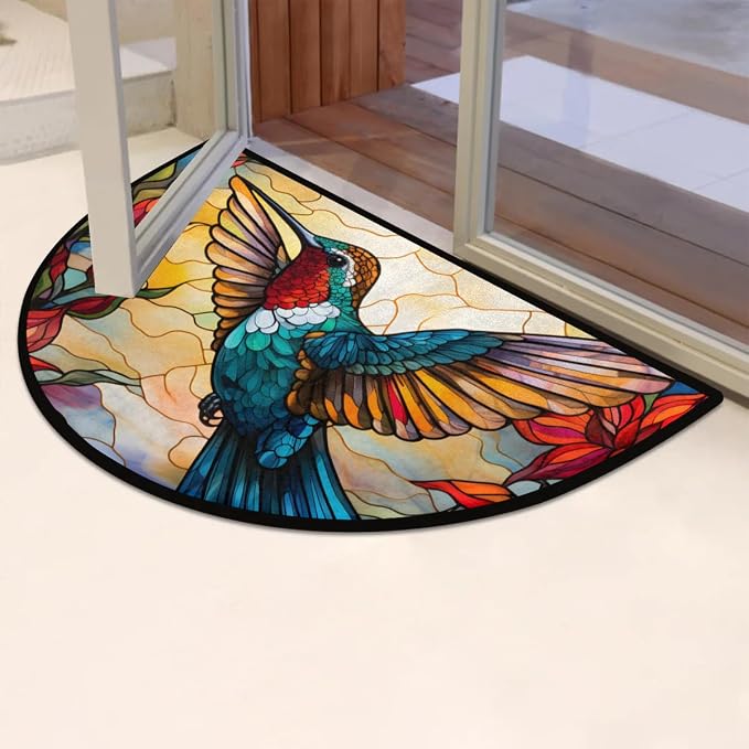 Half Round Door Mat Hummingbird Bird Animal Flower Non-Slip Semi Circle Area Rug Washable Half Moon Hearth Rugs for Indoor Outdoor Bathroom Kitchen Patio Runner Mat Laundry Room Home Decoration