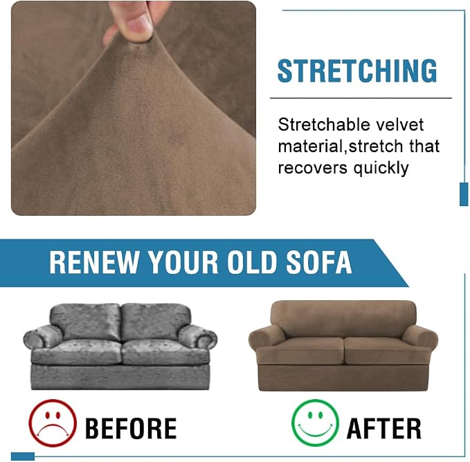 H.VERSAILTEX Sofa Cover 3 Piece T Cushion Sofa Slipcovers Thick Velvet Couch Cover Stretch T Cushion Sofa Covers for 2 Cushion Couch with 2 Individual T Cushion Covers, Mocha