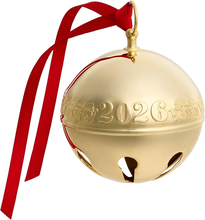 Wallace 2026 Gold-Plated Sleigh Bell Ornament 37th Edition - Penguins and Presents Annual Collectible - Handcrafted Holiday Bell with Gift Box, Velvet Pouch and Ribbon