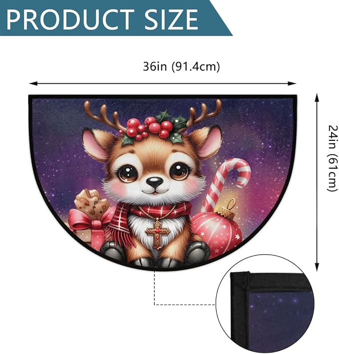 Christmas Half Round Doormat Non-Slip Semi Circle Rug Half Moon Mat | Deer Xmas Washable Soft Absorbent Indoor Outdoor Entrance Kitchen Bathroom Sink Patio Welcome Fireplace Floor Rug