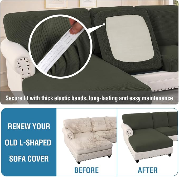 H.VERSAILTEX Sectional Couch Covers 4 Pieces Sofa Seat Cushion Covers L Shape Separate Cushion Couch Chaise Cover for Both Left/Right Sectional Couch (Seat Only: 1 Chaise + 3 Sofa, Olive)
