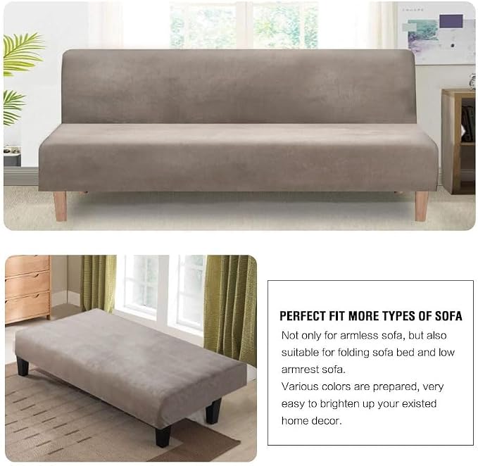 H.VERSAILTEX Real Velvet Futon Cover Armless Sofa Covers Sofa Bed Covers Stretch Futon Couch Cover Sofa Slipcover Furniture Protector Thick Soft Velvet Fabric Form Fitted Stay in Place, Taupe