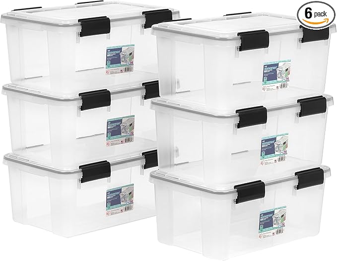 IRIS USA 6-Pack 19 Qt Storage Bins with Gasket Lids, Clear/Black | WeatherPro seal protects shoes, crafts, documents and supplies from dust and moisture