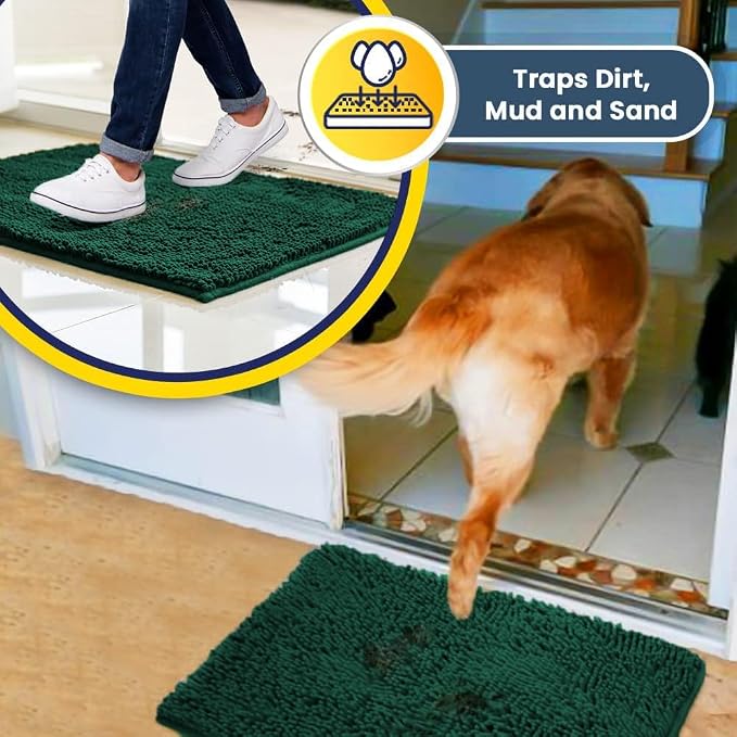 Muddy Mat® | Super Water Absorbent Door Mat Indoor, Microfiber Quick Dry Chenille Entryway Rug, Slip Resistant Front Door Mat, Indoor Mats for Entryway, Machine Washable Pet Rug, Dark Green 36" x 72"