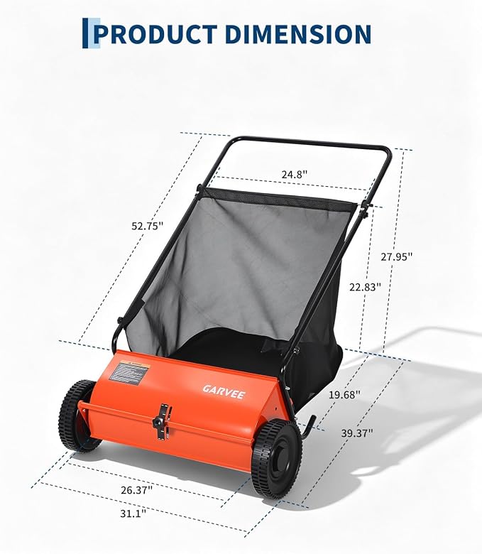 Push Lawn Sweeper, 26 in Grass Sweeper Leaf Collector with 7 Cu.ft Mesh Bag, Yard Sweeper with Adjustable Brush Height and 4 Spinning Brushes for Cleanup, Lawn Care Equipment