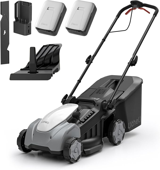 Litheli 40V Brushless Push Mower, 16″ Cordless Lawn Mower, 6 Adjustable Heights (1-3″), 50L Collection Bag & Mulching, 2×5.0Ah Batteries & Charger Included