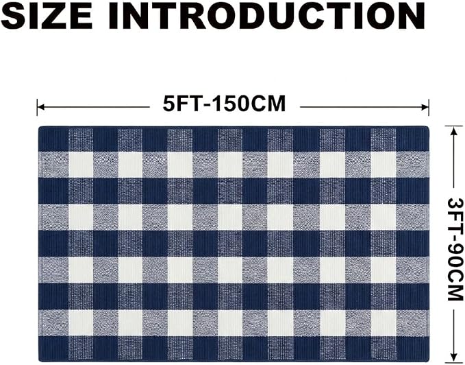 Buffalo Plaid Rug 3' x 5' Navy Blue and White Front Door Mat Reversible Layered Porch Rug Washable Hand Woven Cotton Area Rug for Indoor Outdoor Entryway Patio Porch Decor