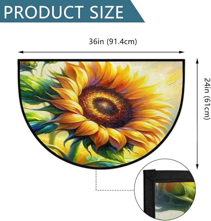 Sunflower Painting Flower Half Round Door Mat Non-Slip Semi Circle Rug Washable Half Moon Floor Rug Absorbent Bathroom Area Rugs for Outdoor Indoor Fireplace Mat Entryway Kitchen Decor Rugs