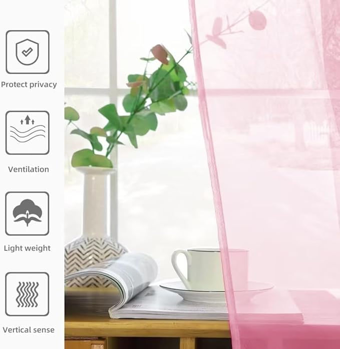 youleyar Solid Sheer Rod Pocket Curtain Voile Draperies 2 Panels White Beige Black Grey Coffee 52 Inch Width 72 Inch Long 1 Pair for Kitchen Bedroom Children Living Room Yard(Light Pink,52Wｘ72L)