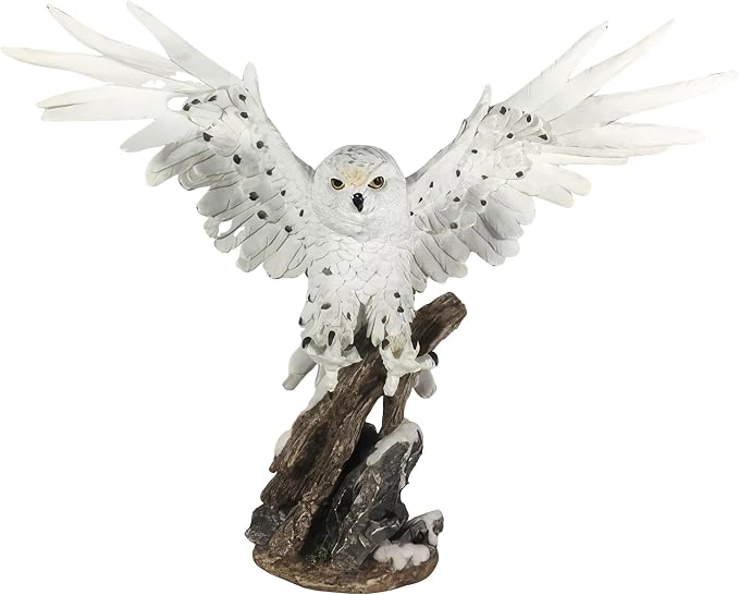 ICE ARMOR 18.5" W Snow Owl Wings Up Standing on Tree Figurine Statue Sculpture Ornament Decor for Housewarming, Holidays, Christmas for Men/Women