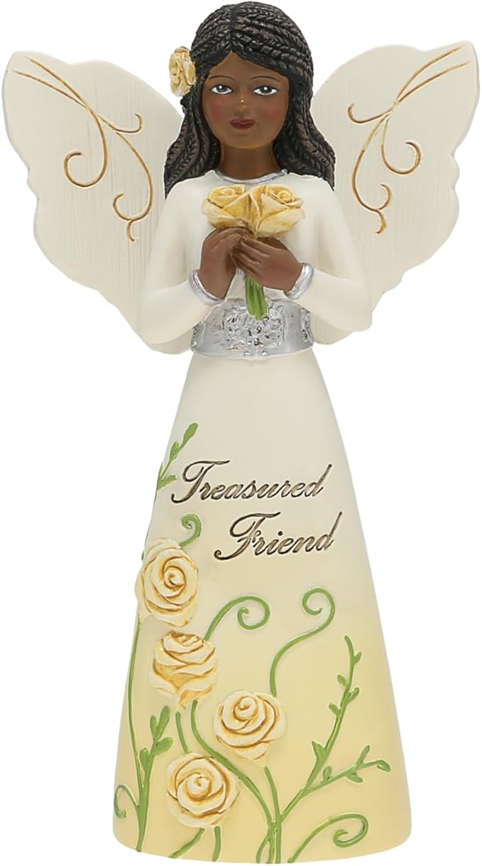 Pavilion Gift Company - Treasured Friend - 5" Ebony African American Angel Figurine Floral Spring Home Decor Bestie BFF Best Friend Present
