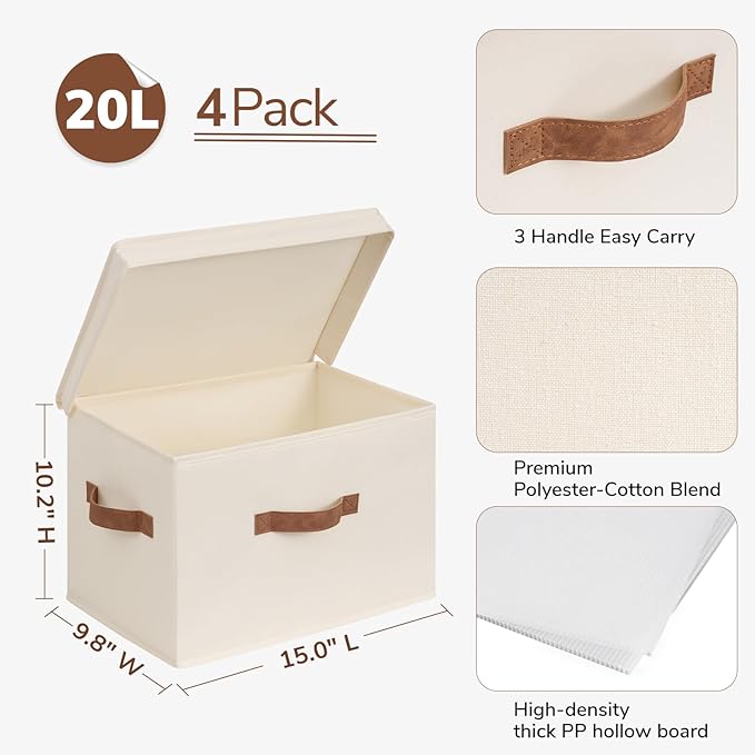 CHICVITA 4-Pack Medium Fabric Storage Baskets with Lids for Shelves,Ivory | 15" x 9.8" x 10.2" Closet Storage Bins with Durable Support Plate, Toy Storage with Handles for Playroom