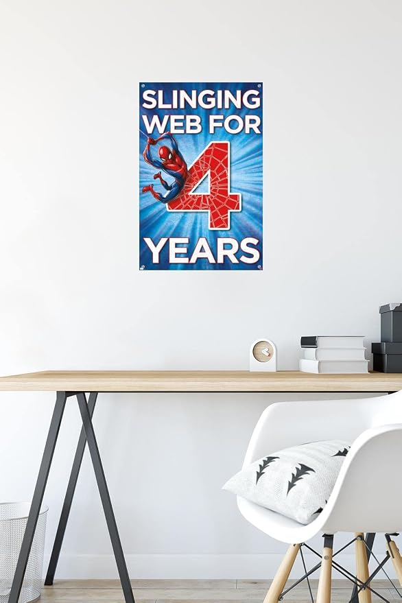 Trends International Marvel Spider-Man - Happy 4th Birthday Wall Poster, 14.72" x 22.37", Premium Poster & Push Pin Bundle