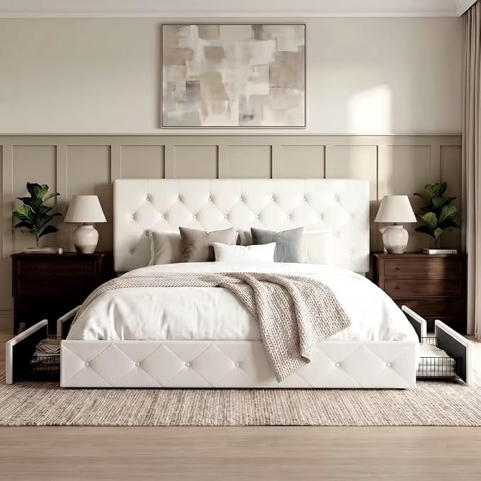 Allewie King Size Platform Bed Frame with 4 Storage Drawers and Headboard/Upholstered Diamond Stitched Button Tufted/Wooden Slats Support/Mattress Foundation/No Box Spring Needed/White