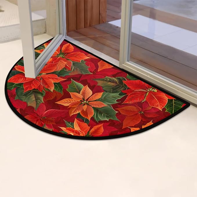 Christmas Doormat, Christmas Poinsettia Non-Slip Half Round Door Mat 24x36 Welcome Mats for Front Door, Area Rug Decorative Floor Mat for Indoor Outdoor Kitchen Entryway Low Profile