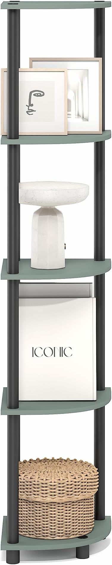 Furinno Turn-N-Tube Corner Shelf, 5-Tier Corner Bookshelf, Open Storage Shelves, for Organization and Storage, Living Room, Home Office, Garage, Bedroom, Sage Green