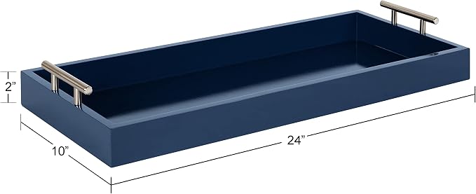 Kate and Laurel Lipton Narrow Decorative Tray; 10 x 24; Navy Blue and Silver; Chic Accent Tray for Display and Storage
