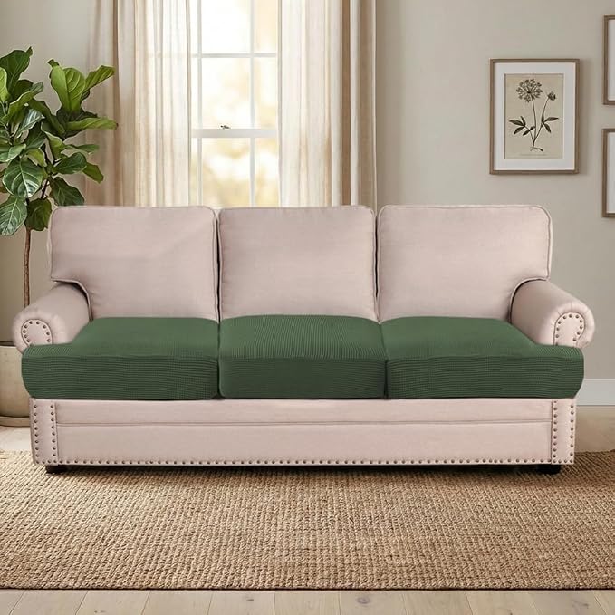 H.VERSAILTEX Stretch 3 Piece T Cushion Sofa Slipcovers Individually Sofa Cushion Covers for 3 Cushion Couch Sofa Seat Cushion Covers with Elastic Bands Featuring Thicker Jacquard Fabric, Bronze Green