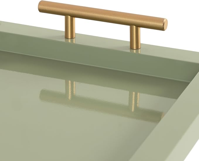 Kate and Laurel Halsey Rectangle Decorative Narrow Tray with Gold Metal Handles; 24 x 10; Green and Gold; Modern Glam Slim Serving Tray with Handles for Living Room Decor