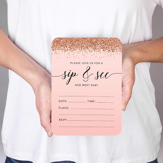 Andaz Press Blush Pink and Rose Gold Glitter Elegant Party Collection, 5x7-inch Invitations with Envelopes, Sip and See Baby Shower, 24-Pack, Double Sided Printing, Heavy Card Stock
