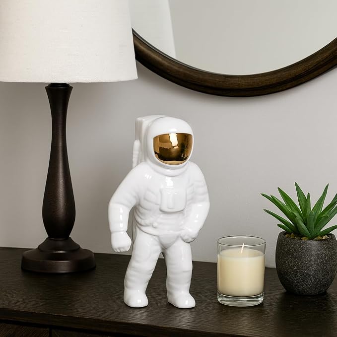 Ceramic Astronaut Statue Figurine for Home Decor - Decorative Sculpture for Bathroom, Office, and Living Room - Modern Ornaments for Shelf, Desk, and Coffee Table Accent - 11", White