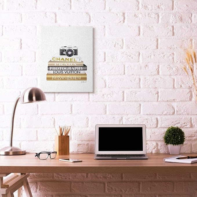 Stupell Industries 'Camera Gold Black Bookstack'| Canvas Art | Stupell Industries | 24 x 30 Inches, Easy to Hang and Sturdy, Made in USA, by Amanda Greenwood