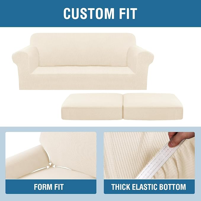 H.VERSAILTEX 3 Piece Stretch Sofa Covers for 2 Cushion Sofa Couch Covers for Living Room Furniture(Base Cover Plus 2 Seat Cushion Covers) Thicker Jacquard Fabric (Large Sofa, Cream)