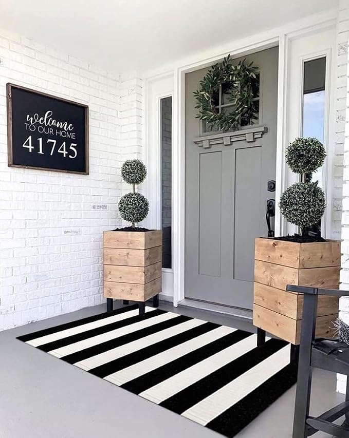 LEEVAN Black and White Striped Door Mat 2'x4' Washable Front Porch Rug Cotton Woven Reversible Rugs Farmhouse Black Outdoor Rug Indoor/Outdoor Welcome Doormat White Entryway Throw Rugs