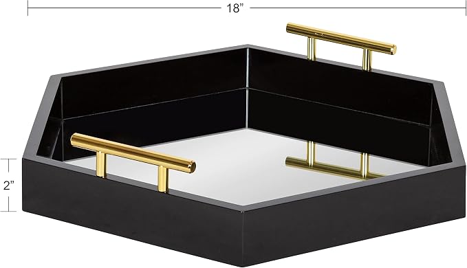 Kate and Laurel Lipton Modern Hexagon Mirrored Tray; 18 x 18; Black and Gold; Midcentury Decorative Serving Tray for Storage and Display