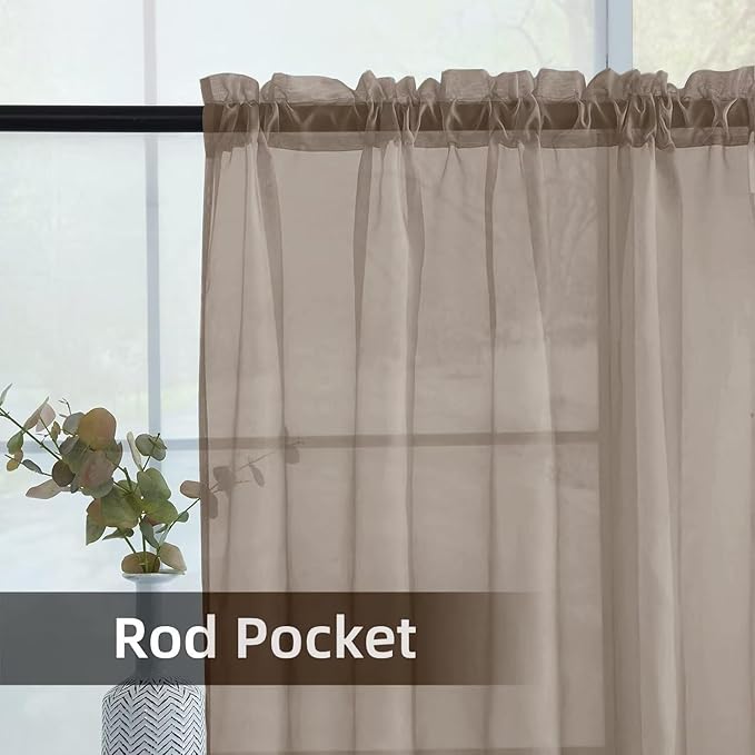youleyar Solid Sheer Rod Pocket Curtain Voile Draperies 2 Panels White Beige Black Grey Ivory 52 Inch Width 63 Inch Long 1 Pair for Kitchen Bedroom Children Living Room Yard (Taupe,52Wｘ63L)
