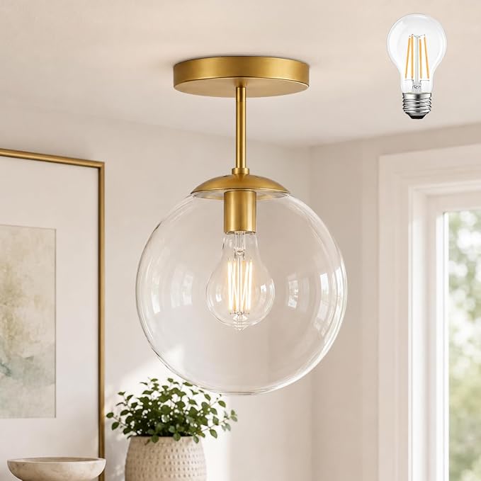 Gold Semi Flush Mount Ceiling Light Globe Ceiling Light Brass Finish with Clear Glass Shade, Contemporary Mid Century Modern Style Lighting for Hallway Living Room Bedroom Storage Kitchen (Bulb Incl.)
