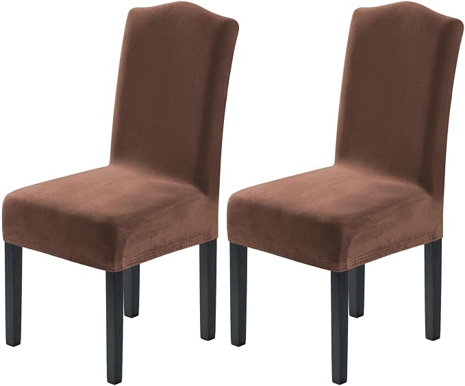 H.VERSAILTEX Velvet Dining Chair Covers Stretch Chair Covers for Dining Room Set of 2 Parson Chair Slipcovers Chair Protectors Covers Dining, Soft Thick Solid Velvet Fabric Washable, Caramel Cafe