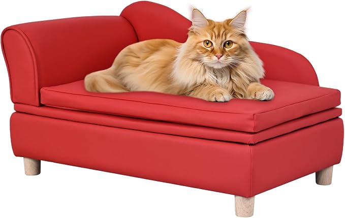PU Leather Dog Sofa and Chair with Storage - Wooden Frame Cat Sofa Couch with Cushion,Small Pet Bed Sofa for Puppy and Cats (Red)