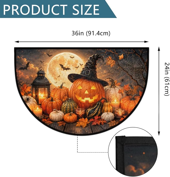 Halloween Half Round Door Mat Outdoor Doormat Bedroom Entrance Rug A7 | Halloween Pumpkin Semi Moon Door Mat Non-Slip Absorbent Kitchen Rug Indoor Welcome Bath Mat 36" X 24"