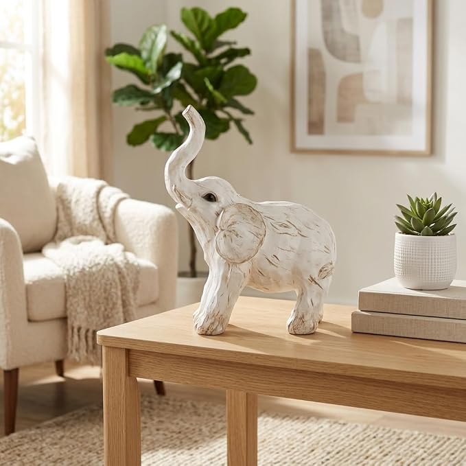 Sagebrook Home Resin Elephant Figurine - Handcrafted Polyresin Home Decor Statue - Rustic Casual Style for Living Room, Bedroom, Office - Elegant Accent Sculpture - 11" White