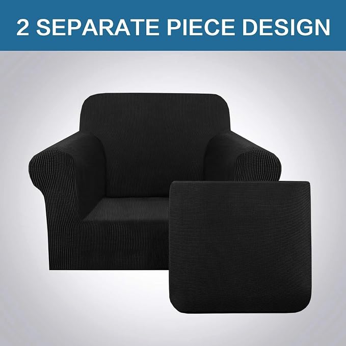 H.VERSAILTEX Stretch 2 Piece Chair Covers for Armchair Chair Covers for Living Room Furniture Cover Suit for T Cushion/Box Cushion, Spandex Jacquard Fabric Small Checks(Armchair-Oversized, Jet Black)