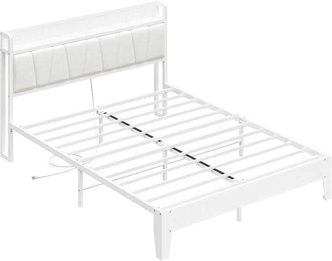 LIKIMIO Queen Bed Frames, PU Leather Storage Headboard with Charging Station, Solid and Stable, Noise Free, No Box Spring Needed, Easy Assembly, White