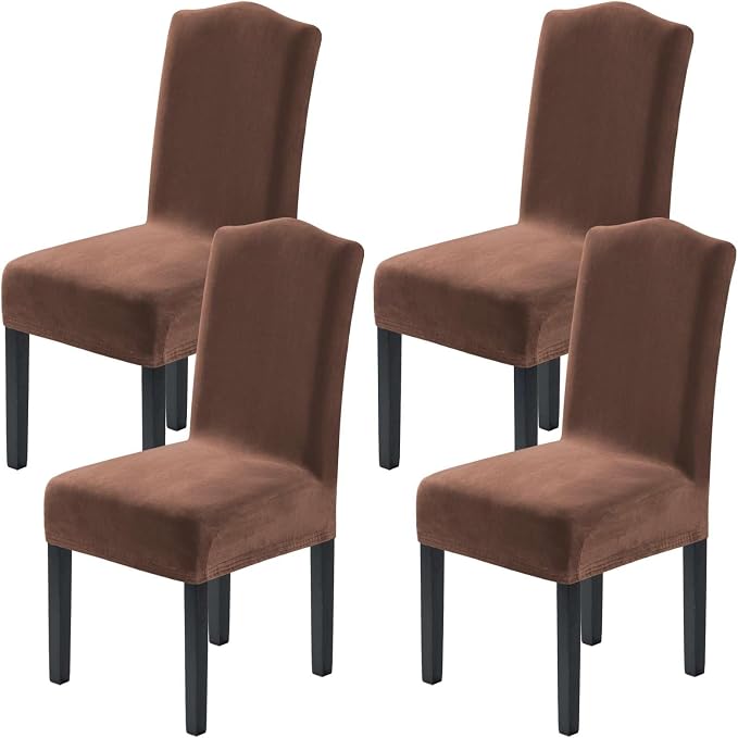 H.VERSAILTEX Velvet Dining Chair Covers Stretch Chair Covers for Dining Room Set of 4 Parson Chair Slipcovers Chair Protectors Covers Dining, Soft Thick Solid Velvet Fabric Washable, Caramel Cafe
