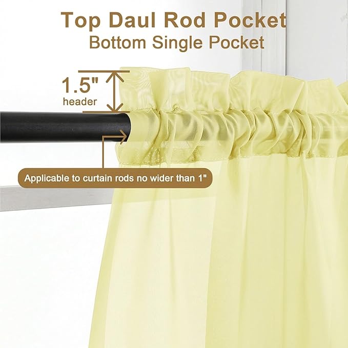 Chyhomenyc Sheer Curtains 96 inches Long 2 Panels - Light Filtering Soft Airy Solid Elegant Voile Window Treatment Drapes for Bedroom Living Room, 42Wx96L, 8FT, Light Yellow
