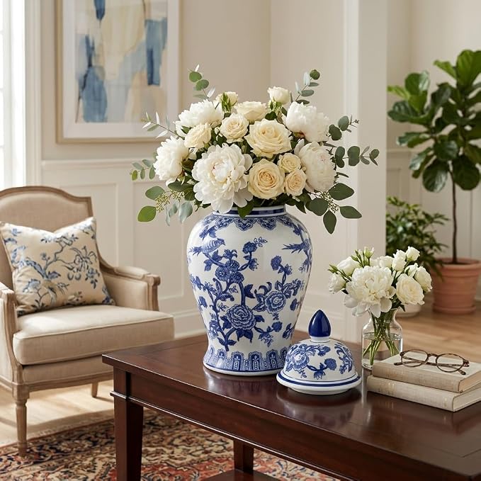 Decorative Ginger Jar for Home Decor – Ceramic Jar With Lid, Chinoiserie Pattern, Large Tabletop Accent for Living Room or Entry Shelf Display, Stylish Centerpiece Decor – 18", Blue & White