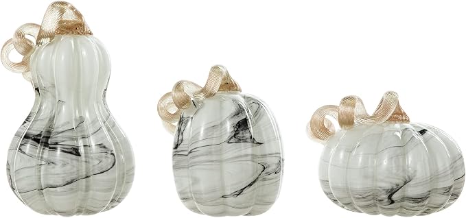 Glitzhome Set of 3 Hand Blown Glitter Glass Pumpkins - Fall Decor for Halloween & Thanksgiving Handmade Table Accent Harvest Home Decor, Gray Marble