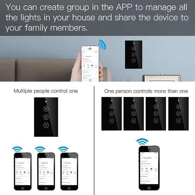 MOES WiFi RF Smart Light Dimmer Switch, Smart Life/Tuya APP Relay Status Backlight Switch Off RF Remote Control Voice Compatible with Alexa Google Assistants, Black Touch
