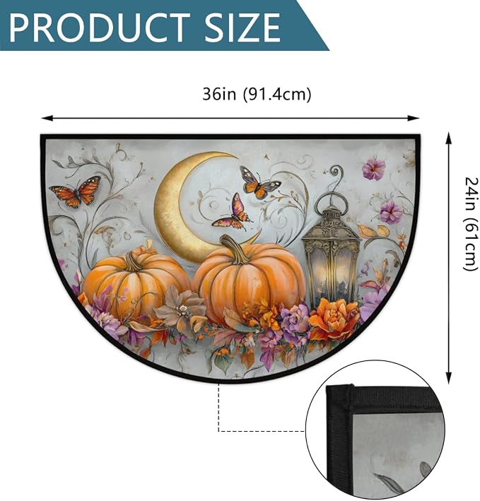 Pardick Half Round Door Mat Moon Pumpkin Butterfly Anti-Slip Semi Circle Rug 24X36 Entrance Welcome Mats Indoor Outdoor Door Mat, Washable Decorative Floor Mats for Kitchen Bathroom Hearth Fireplace