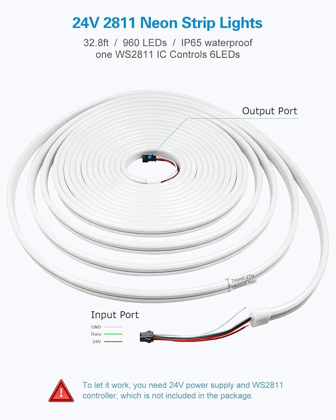ALITOVE Neon Rope Light WS2811 Addressable LED Strip RGB IC 32.8ft 24V | Waterproof Programmable Neon Strip, Cuttable LED Light Strip, for Indoor Outdoor House Christmas, No Adapter & Controller