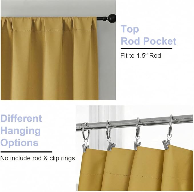 Simplebrand Ava Bright Gold Blackout Curtains for Bedroom 84 Inch Length 2 Panels Set, Solid Thermal Insulated Privacy Nursery Window Treatment Curtains Blackout Drapes, W40 x L84 Inch, Bright Gold