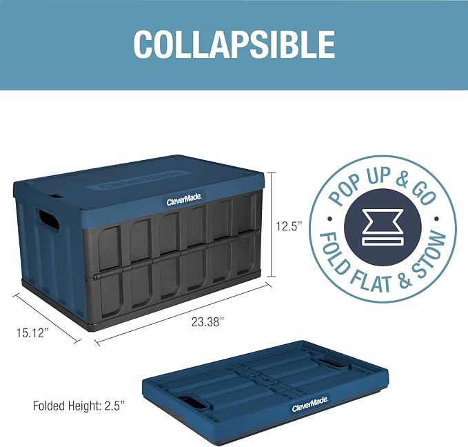 CleverMade Collapsible Storage Bins with Lids, 62L, 3 Pack, Ocean | Large-capacity bins support 100 lb and stack securely. The lid stores underneath, and each crate folds to 2.5 inches.