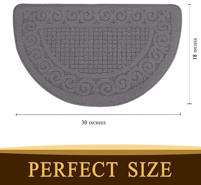 Half Round Indoor Door Mat 18"X30",Non Slip Machine Washable Entryway Rug for Front/Back Outdoor,Half Circle Absorbent Low Profile Entrance Kitchen Floor Mat Doormat for Muddy and Paws-Grey
