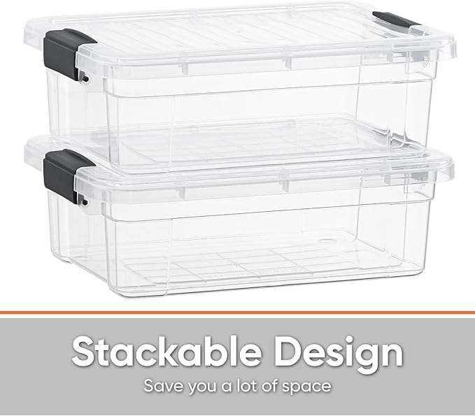Superio Small Flat Clear Storage Boxes with Lids, 4.5 Quart Plastic Container Bins for Organizing, Stackable Crates, BPA Free, Non-Toxic, Odor Free, Home, Office, School & Dorm Organizer, 2 Pack