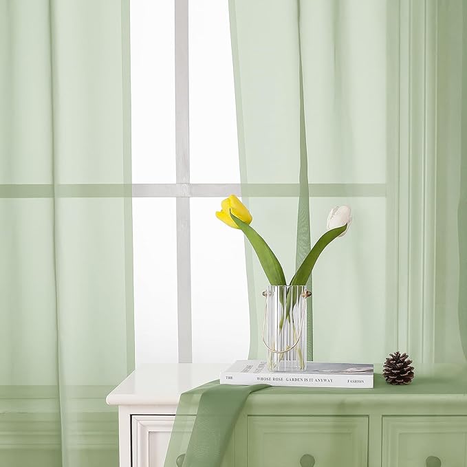 Lecloud Light Green Sheer Curtains 54 Inch Length 2 Panels, Voile Bedroom - Image 3
